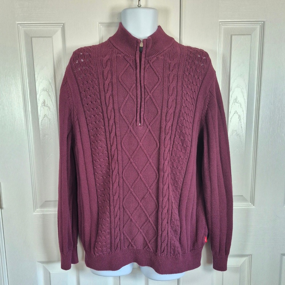 Izod maroon burgundy cable knit quarter zip cotton sweater men's XXL